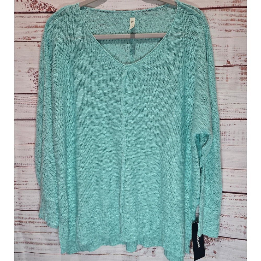 Dailylook MTS Aqua Blue V-Neck Open Knit Sweater New w/ tag! 1XL Semi Sheer Boho